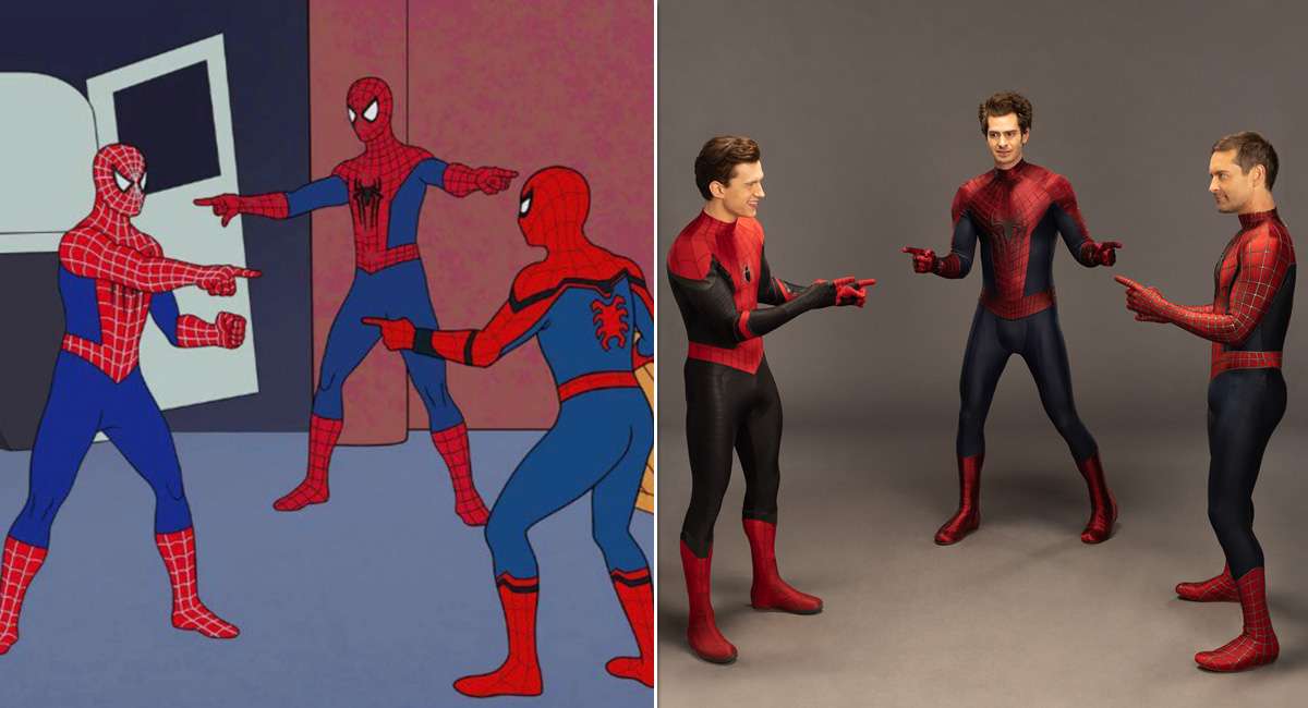 Spider-Man: No Way Home; Tom Holland, Andrew Garfield and Tobey Maguire recreating the pointing meme.