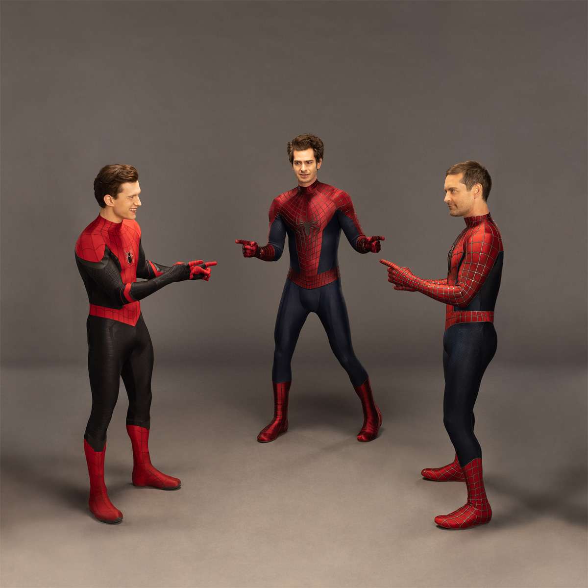 Spider-Man: No Way Home; Tom Holland, Andrew Garfield and Tobey Maguire recreating the pointing meme.