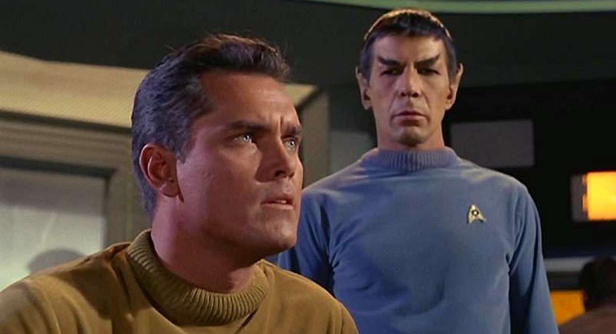 Star Trek: The Cage; Jeffrey Hunter as Captain Pike, Leonard Nimoy as Mr. Spock.
